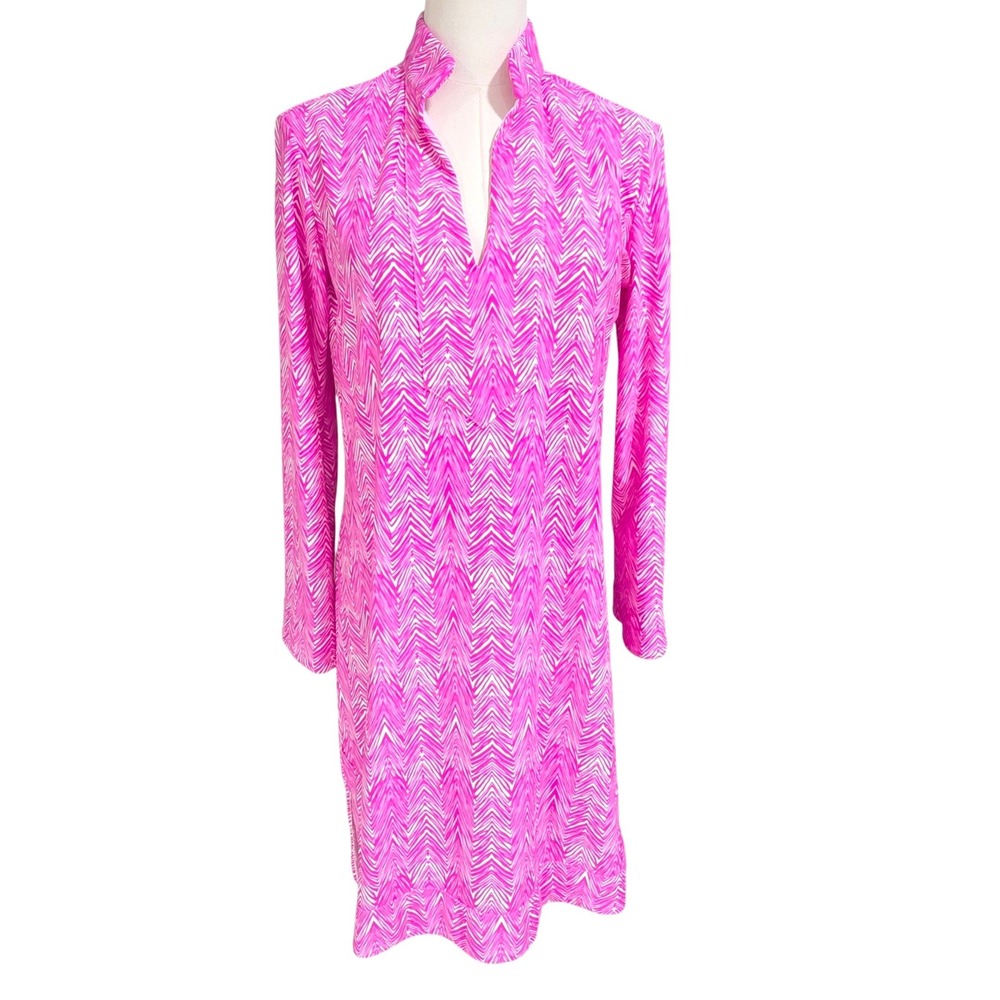Jude Connally Tunic Dress Womens M Pink White Chevron Long‎ Sleeve V-Neck